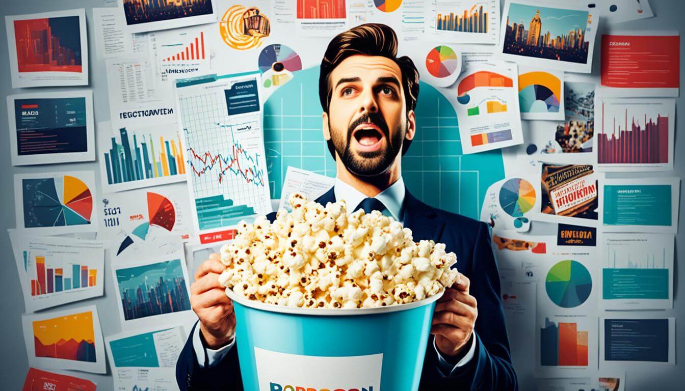 An image of a popcorn bucket with a chart graph projected on it, surrounded by posters of movies/stock market graphs featuring actors in business attire and holding stock market reports.